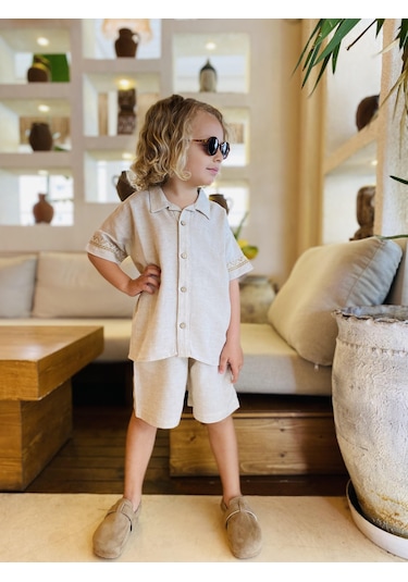 Kolları Nakışlı Gömlek Şort Keten Erkek Çocuk Takım Naturel