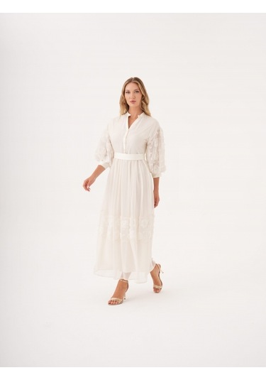 Dantel Detaylı Kemerli Şifon Gömlek Elbise Bej