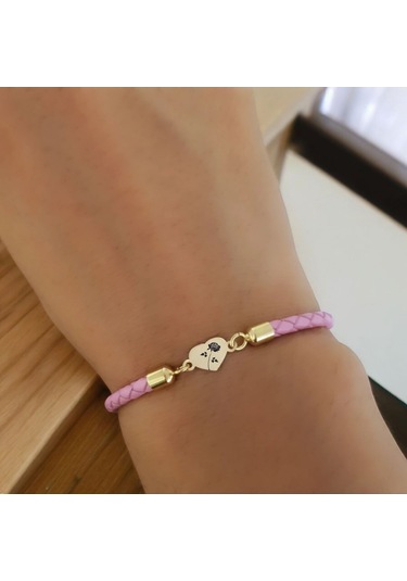 Archin Çiçek Temalı Kalp Figürlü 14 Ayar Altın Plakalı Pembe Derili Hediye Bileklik-473sembol Çiçek