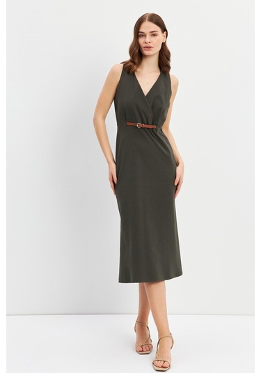 Stella Pulvis Haki Kemerli Kruvaze Midi Elbise