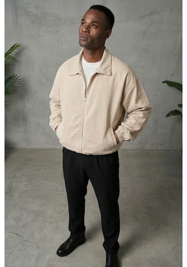 Freemen Erkek Basic Gabardin Kumaş Fermuarlı Oversize Mevsimlik Polo Yaka Ceket Bej