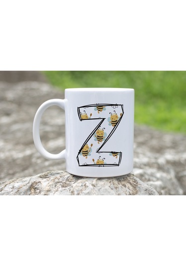 Z Harfi Arı Desenli Kupa - Sevimli Hayvan Temalı Kişiye Özel Kahve Kupası - Şans Kupası Beyaz