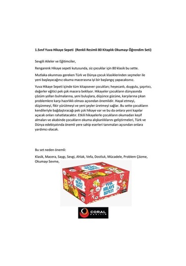 1. Sınıf Yuva Hikaye Sepeti Seti - 80 Kitap Takım- Coral Dağıtım