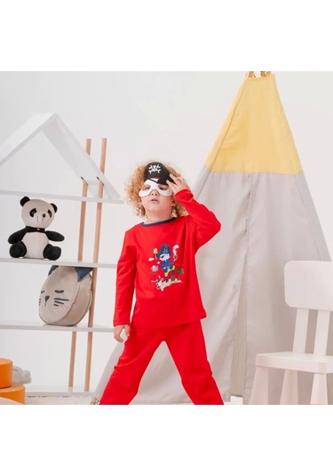 Korsan Desenli Çanta Ve Maskeli % 100 Pamuk Erkek Çocuk Pijama Takımı Kırmızı