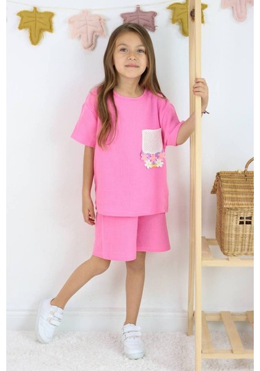 Örme Nakışlı Müslin Şort Takım Pembe