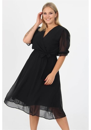 Dip Moda Kadın Astarlı Büyük Beden Şifon Elbise Dpnb8062 Siyah