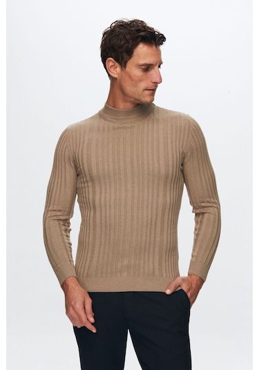 Ds Damat Slim Fit Bej Fitilli Pamuk Karışımlı Yarım Balıkçı Dar Kesim Vücudu Saran Triko Kazak 5HF06ORT64100 Bej