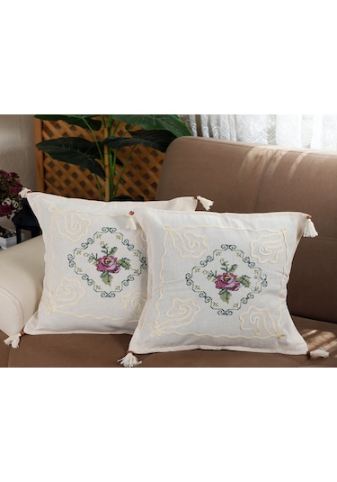 Kanaviçe Işlemeli 2 Li Kırlent Kılıfı Gül Demet-mor Renk