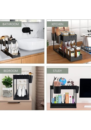 Dancemonkey Lavabo Organizatörleri & Depolama, 2 Katmanlı Mutfak Çekmece Düzenleyici Banyo Kabineti - Siyah Siyah