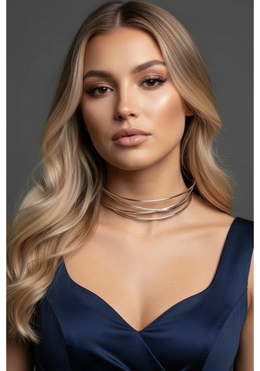 Caş Dekorasyon Gümüş Renk Metal Choker Kolye Gümüş