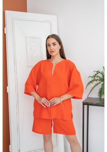 Oranj Şort Ve Üst Takım Siyah - Beyaz