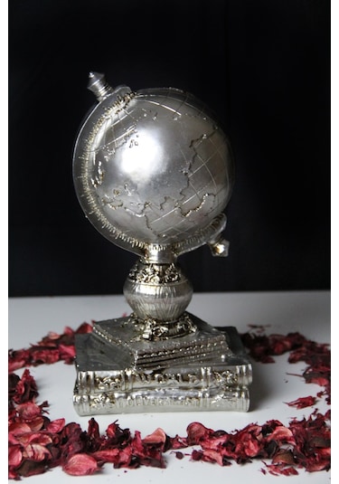 Doremcy Dekoratif Gümüş Kitaplı Dünya Küre Ev Ve Ofis Hediyelik Polyester Döküm Biblo Gümüş