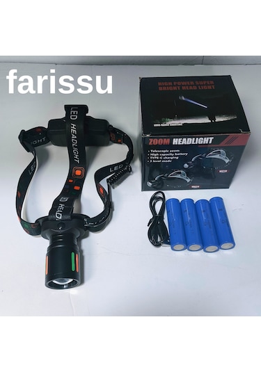 25-30w 6800mah Zoomlu Kafa Feneri 1000 Lümen, 1 Km Menzil, 4 Adet 18650 Pil Yedek Pilli Siyah