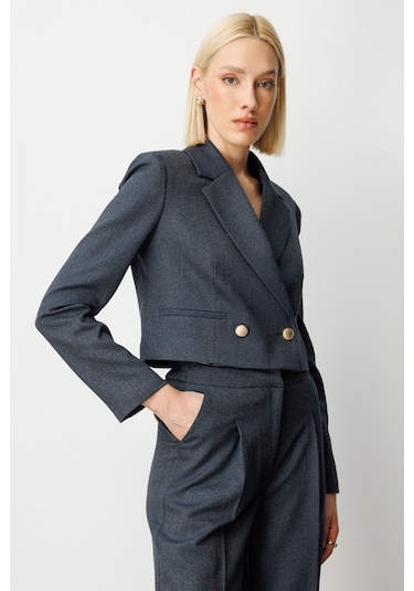 Ekol Simli Kumaş Kadın Crop Ceket 26k.ekl.ckt.05169.1 Lacivert