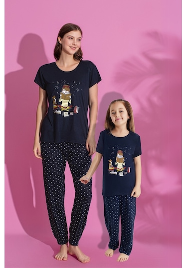 Anne Kız Kombin Desenli Viskon Kısa Kollu Pijama Takımı Anne Kız Ayrı Satılır Lacivert