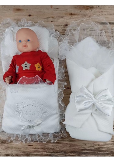 Yenidoğan Bal Peteği Taç Nakışlı Kundaklı Trilüks 3lü Alt Açma Seti Ekru Ekru