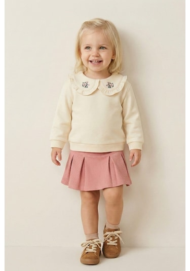 Mininio Kız Bebek Yakası Nakışlı Sweatshirt - Krem Krem