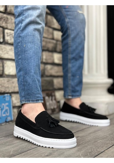 Ba0154 Bağcıksız Yüksek Taban Süet Siyah Renk Beyaz Taban Püsküllü Erkek Ayakkabı Çok Renkli