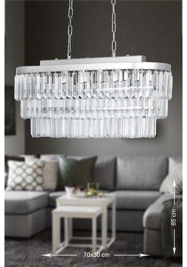 Linsa 70x30 Cm'lik Kristal Cam Taşlı Yemek Masası Üstü Lüks Avize - Gümüş Yaldız Gümüş Yaldız