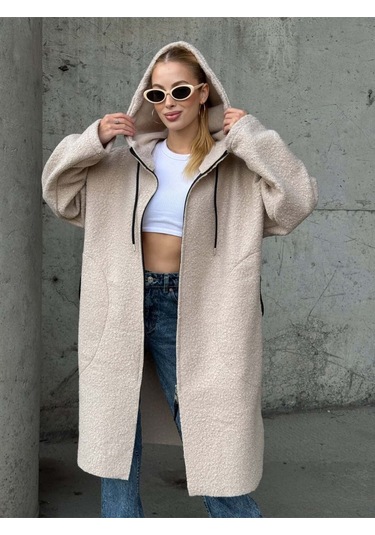 Kapüşonlu Fermuarlı Uzun Ceket Taş