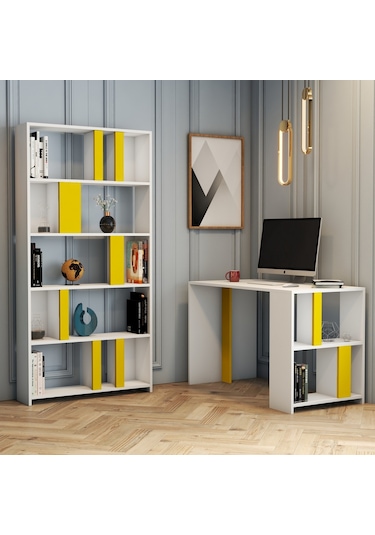 Variant Lima Çalışma Masası Ve Kitaplık Takımı - Beyaz / Sarı Beyaz