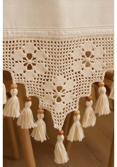 Dantel İşlemeli Boncuklu Runner 50x130 Cm Krem