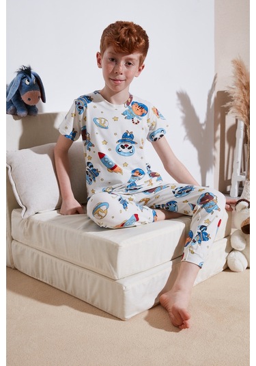 Lela Desenli % 100 Pamuk Bisiklet Yaka Erkek Çocuk Pijama Takımı 6651003 Ekru-Mavi