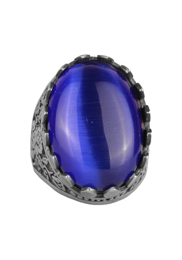 925 Ayar Gümüş Yüzük - Gül Desenli Yüzük - Erkekler İçin Yapay Taş Yüzük - El Yapımı Yüzük Yapay Lacivert Kedigözü Gümüş