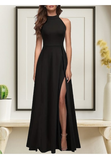 Ahes Shopping Kadın Halter Yaka Derin Yırtmaç Detaylı Tam Boy Ithal Krep Abiye Elbise Siyah