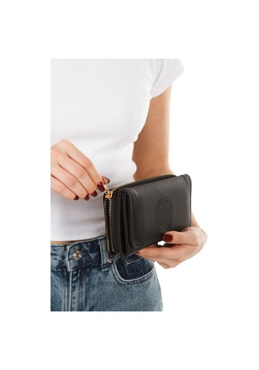 Yaşam Çiçeği Baskılı Şans Cüzdanı Kağıt Bozuk Para Ve Kartlık Bölmeli Siyah Kadın Cüzdan Siyah