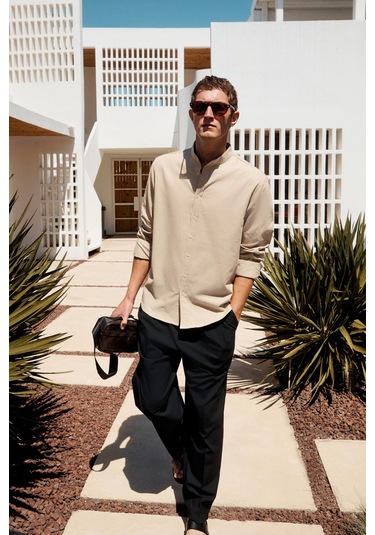 JEZER Erkek Hakim Yaka Uzun Kollu %100 Pamuk Regular Fit Bej Gömlek