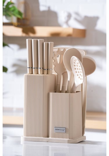 Acar Cooper 12 Parça Standlı Kesme Tahtası Servis Ve Bıçak Seti Krem