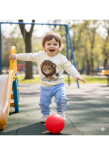 Erkek Bebek Aslan Baskılı Alt Üst İkili Gündelik Takım Mavi