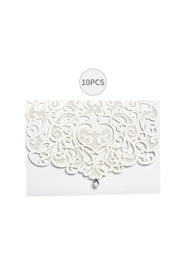 Shineyee 10'lu Beyaz Kristal Taşlı Laser Kesimli Çiçek Desenli Davetiye Seti Zarf + Kılıf + Boş İç Sayfa - Düğün, Parti, Doğum Günü
