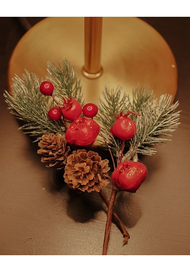 Kokina Yılbaşı Çiçeği, Yapay Çam Kozalaklı Kiraz Demeti, Dekoratif Yeniyıl Süsü, 13 Cm - 12li Set