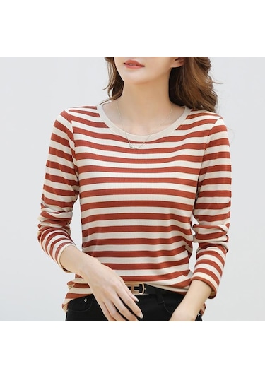 İlkbahar Ve Sonbahar Kadın Bluz Yuvarlak Yaka Moda Şerit İnce Uzun Kollu Üst Tuğla Kırmızısı Kiremit