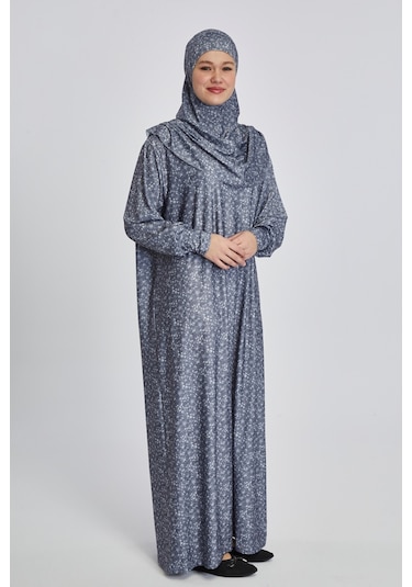 Pratik Tek Parça Çiçek Desenli Namaz Elbisesi Füme