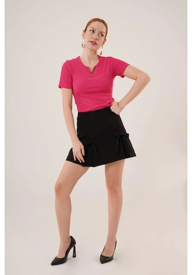 Kısa Kollu Yaka Detaylı Kaşkorse Fuşya Bluz FUŞYA