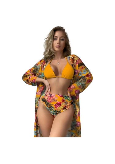 Bölünme Bikini Baskılı İpli Yüksek Bel Mayo Sarı