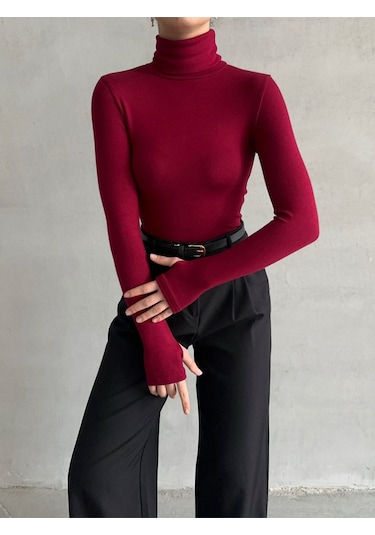 Kadın Parmak Detaylı Balıkçı Yaka Soft Bluz Bordo