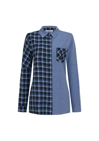 Kadın Ekoseli Düşük Omuzlu Gömlek Frn1114 Mavi