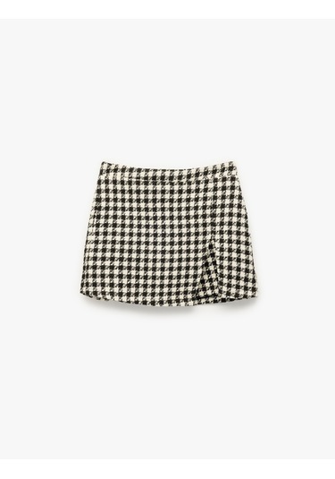 Koton Kaz Ayağı Desenli Beli Lastikli Tüvit Şort Etek Siyah Desenli 6wkg40054aw Bdl