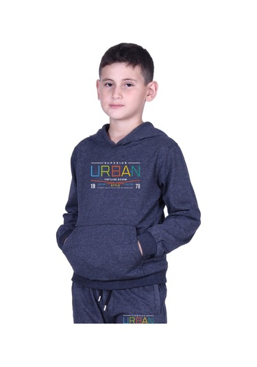 Kapüşonlu Kanguru Cepli Urban Yazı Baskılı Erkek Çocuk Eşofman Takımı Füme