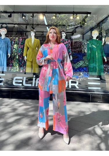 Kazax Ceketli Baskılı Takım Pembe