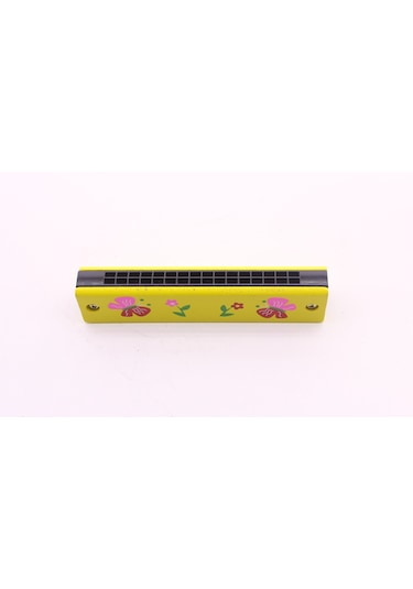 1 Adet Ahşap Mızıka 16 Delikli Çift Sıralı Sarı Desenli Çocuk Mızıka 