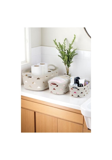 İronika 5li Dekoratif Deri Görünüm Dolap İçi Düzenleyici Saklama Kutusu Mutfak Banyo Organizer Sepet Krem Krem