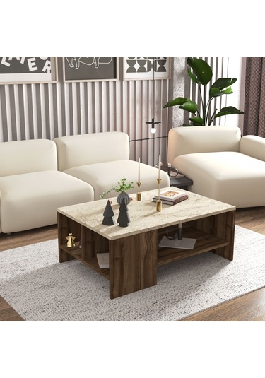 Liri Orta Sehpa Traverten Mermer Desen - Sandık Ceviz