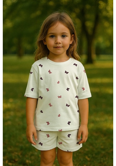 Kız Çocuk %100 Pamuk Kelebek Desenli Şortlu Takım 3-4 Yaş 8-9 Yaş Beyaz