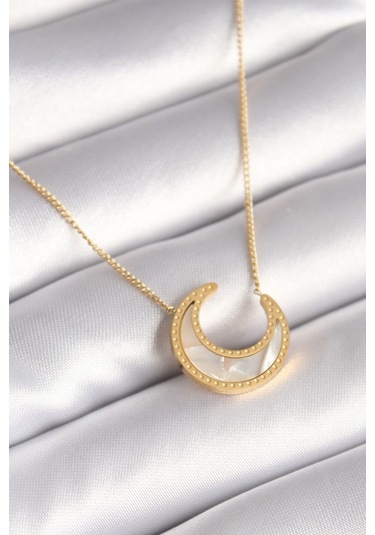 316l Çelik Gold Renk Beyaz Sedefli Hilal Model Kadın Kolye