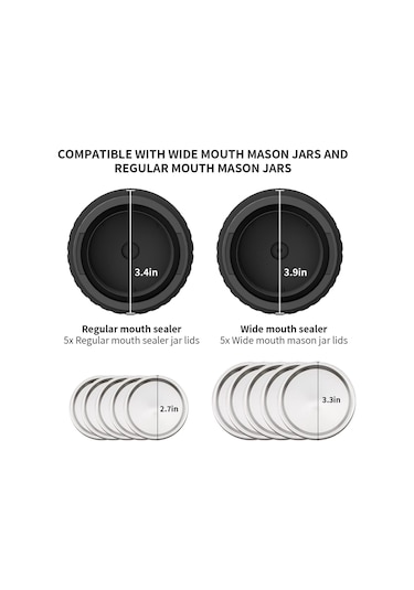 Gajeena Taşınabilir Elektrikli Vakumlama Makinesi - 5 Büyük Ve 5 Küçük Kapaklı Mason Kavanoz Ağzı Kapatma Seti Piller Dahil Siyah
